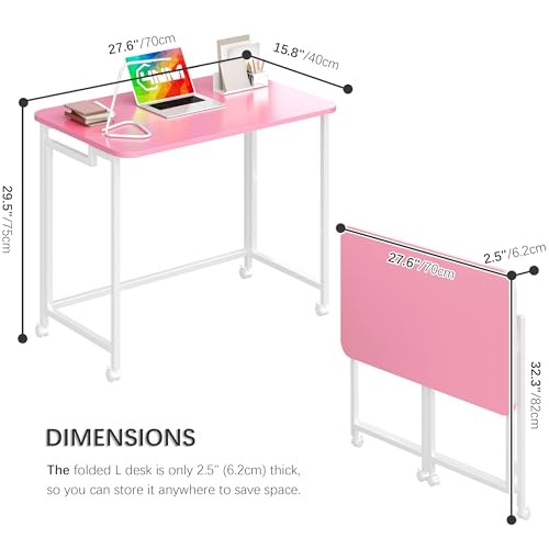 4NM 27.5" Mobile Small Rolling Computer Desk, Folding Laptop Cart Table with Wheels, Portable Office Desk for Small Space Couch Bed - Pink and White - color: Pink and White, size: 27.5"