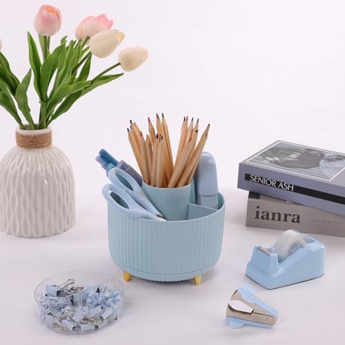 SKYDUE Blue Desk Accessories 11Pcs with Rotating Pen Holder for Desk | Included Stapler with Staples, Staple Remover, Tape Dispenser,2pcs Tape Refills, Binder Paper Clips Kit, Scissor, 2pcs Pens - color: Blue