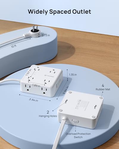 TROND 360° Rotating Flat Plug Power Strip 10ft, 8 AC & 4 USB (3C1U), White - color: White, size: 10FT, style: Rotating Plug-3C1U