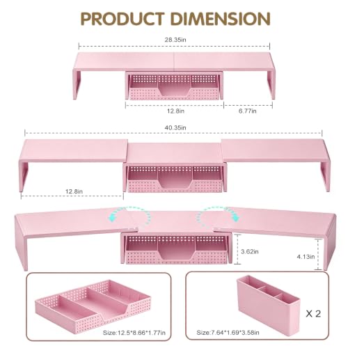 LEKETREE Dual Monitor Stand Riser with Drawer and 2 Pen Holders, Pink - color: Pink