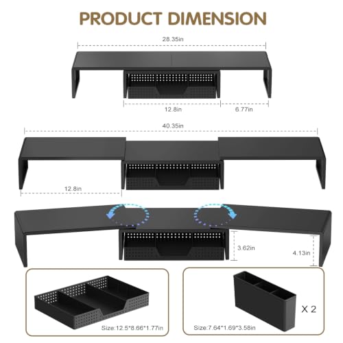 LEKETREE Dual Monitor Stand Riser with Drawer and 2 Pen Holders, Black - color: Black