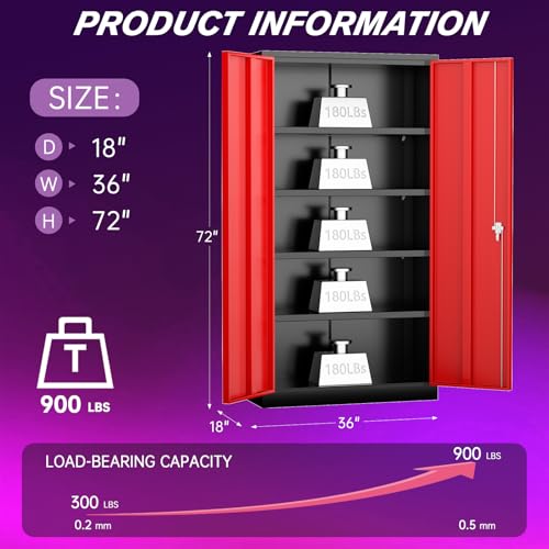 Superday Metal Storage Cabinets, 72" Storage Cabinet with Locking Door, Tall Garage Cabinet with 2 Doors and 4 Adjustable Shelves for Home Office, Classroom, Easy Assemble(Black Red) - color: Black Red, size: 72" Storage Cabinet