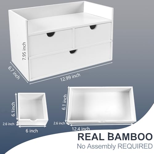 Charmewooden Bamboo Desk Organizer With Drawers Countertop Drawers Counter Storage Box Corner Desk Organizer for Home Office No Assembly Required - color: White(3 Drawers with shelf)