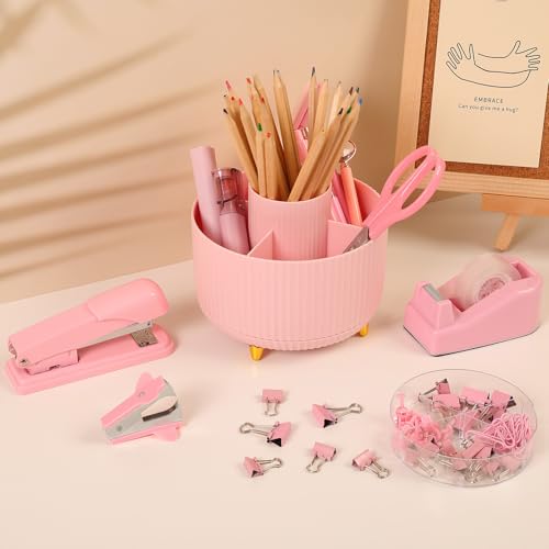 SKYDUE Pink Office Supplies Set, Pencil Holder for Desk,Gel Pen, Stapler, Tape Dispenser, Scissors,Clips and 1000pcs Staples, Office Decor for Women, Pink Desk Accessories - color: Pink giftbox