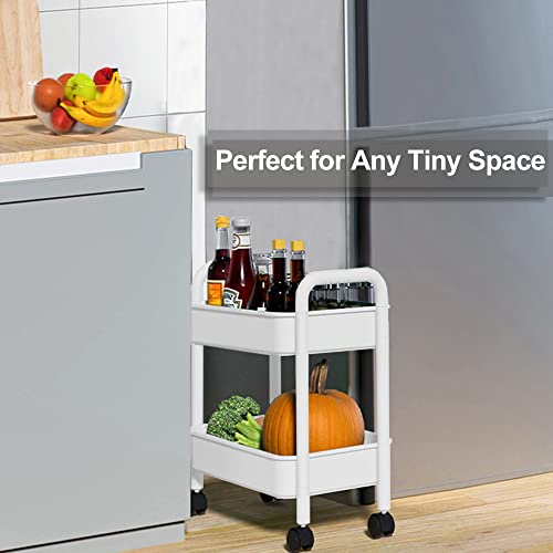 Melody House 2-Tier Utility Rolling Cart Storage Organizer Sofa Side Table with Wheels, Under Desk Mobile Trolley Organizer with Handle for Office Home Kitchen Organization, White - color: B- White