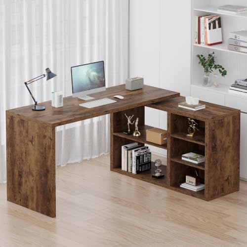 HSH L Shaped Desk with Storage, Home Computer Desk, Rustic Brown, 55 Inch - color: Rustic Brown