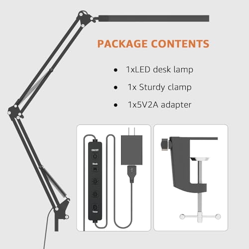 Upgrade Swing Arm LED Desk Lamp with Clamp, 80 LED Beads, 5 Color Modes & 11 Brightness Levels, 360° Adjustable Arm, Eye-Caring Light CRI95, Timer & Memory Function, for Office, Study, Crafting - color: Clip-Black