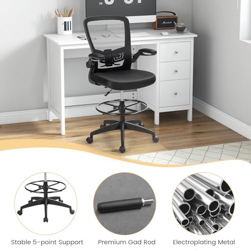 COSTWAY Drafting Chair with Flip-up Armrests & Adjustable Foot Ring, 1 Pack - color: Black