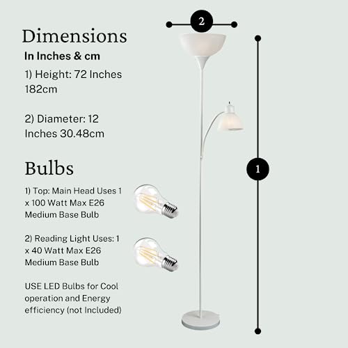 LIGHTACCENTS Floor Lamp with White Plastic Shades, Adjustable Standing Lamp, Reading Light, Head Lamp, Ideal Floor Lamps for Living Room, Measures 12x12x72 inches - color: White Reading Lamp