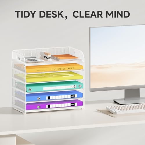 Cawukege 6-Tier Paper Organizer, Letter Tray with Handle, Mesh Desk Organizer, Metal File Organizer, Office Desk Accessories for Home, Office, Classroom, School (1, White - 6 Tier, 12.6"x9.2"x13.4") - color: White - 6 Tier