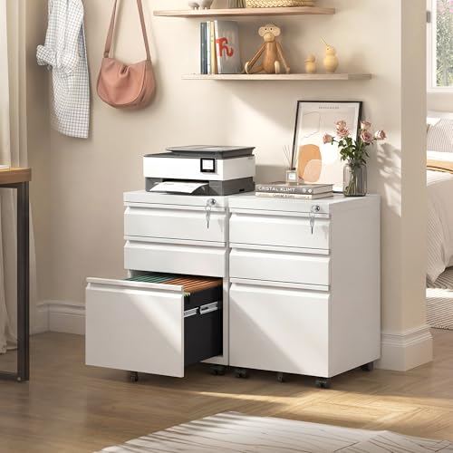 DEVAISE 3 Drawer Mobile File Cabinet, Fully Assembled Except Casters | Under Desk Metal Filing Cabinet with Lock for Home Office, Fits Letter/Legal/A4 Sizes, White - color: White, size: 17"D x 15"W x 24"H