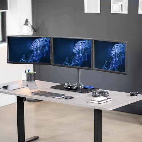 VIVO Black Triple Monitor Mount Freestanding Desk Stand with Glass Base, Heavy Duty Fully Adjustable Stand for 3 Screens up to 24 inches STAND-V003FG - size: 13" to 24" Screens