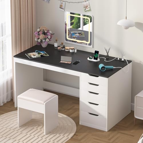 47 Inch Computer Desk with 5 Drawers and Power Outlets for Small Spaces - color: Black and White, size: 47inch-5drawers