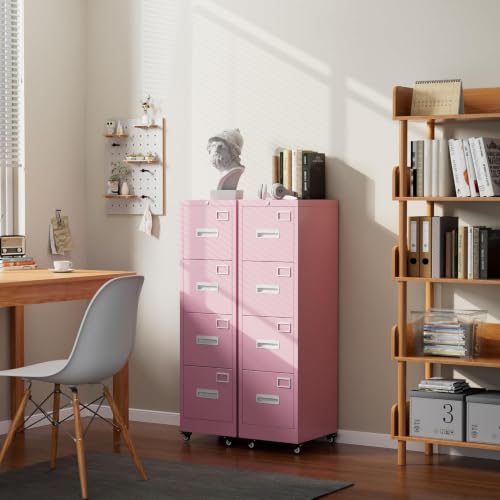 METAN 4-Drawer Pink Metal File Cabinet with Lock and Wheels | 17.7"D x 15"W x 54"H vertical cabinet with 4 full-extension drawers for letter/legal folders; assembly required - color: Pink, size: 4 Drawers-54"H