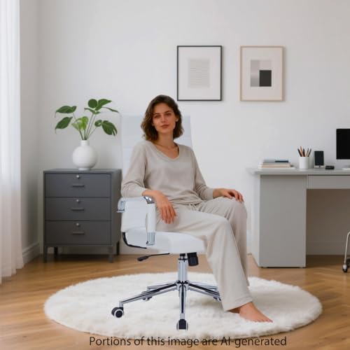 White Leather Ribbed Office High-Back Desk Conference Chairs with Wheels | Ergonomic High-Back Executive Chairs with Wheels Adjustable Swivel Computer Task Desk Chair with Arms and Thick Padded Seat - color: White, size: High Back