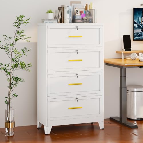 Metal Lateral File Cabinet with Lock,4 Drawer Steel Wide Filing Organization Storage Cabinets,Office Filing Cabinet for Legal/Letter/A4/F4 Size with Hanging Files&Key,Lockable Cabinets for Home Office - color: White, size: 4Drawer