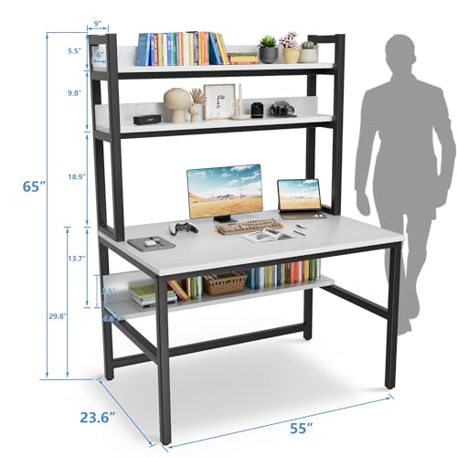 Aquzee Desk with Shelves, Computer Desk with Hutch, 55" - color: White, size: 55inch