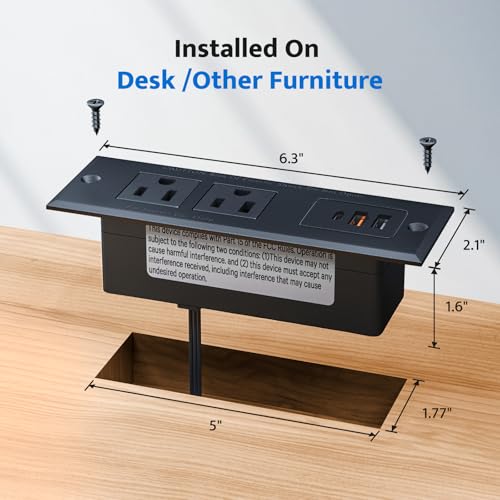 Recessed Power Strip with 20W USB C Port, Fast Charging USB A Port Conference Recessed Outlet, Space-Saver for Furniture Side Table, End Table, Desk Outlet with 6ft Cord, 45° Thin Flat Plug, Black