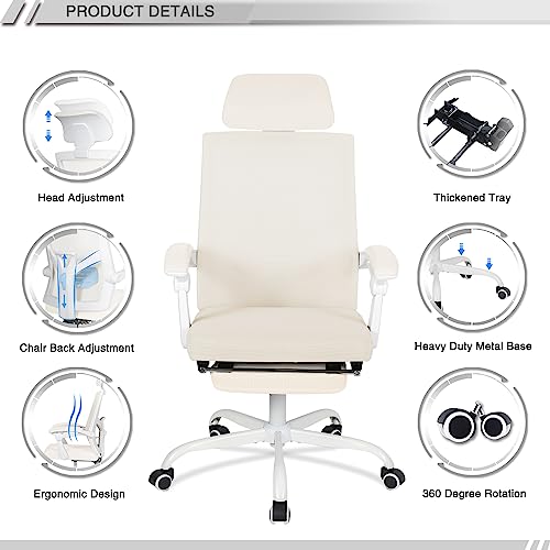 Qulomvs Mesh Ergonomic Office Chair with Footrest Home Office Desk Chair with Headrest and Backrest 90-135 Adjustable Computer Executive Desk Chair with Wheels 360 Swivel Task Chair - color: Cream White With Footrest