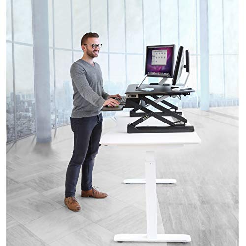 Seville Classics OFF65806 Airlift 36" Electric Height Adjustable Standing Desk Converter Workstation with 2.1A USB Charger Ergonomic Motorized Dual Monitor Riser Full Black - color: Electric Black