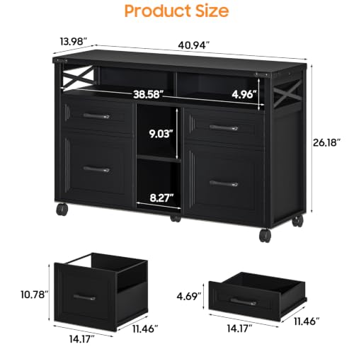 Halitaa Farmhouse Filing Cabinet with Adjustable Shelf & Wheels, Pure Black - color: Pure Black, size: 4 Drawers&Wheels