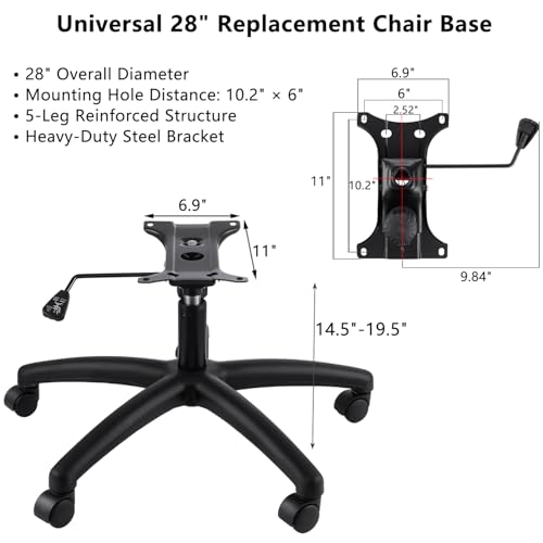 28" Heavy Duty Office Chair Base Replacement, Universal Swivel Chair Base with Gas Lift Cylinder & 60mm Casters, 350 lb Load Capacity for Office & Gaming Chairs