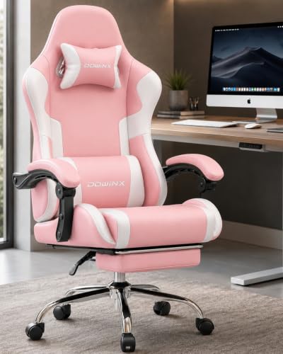 Dowinx Ergonomic Gaming Chair with Footrest & Massage Lumbar, 2D-Linkage Armrests for Computer Chair 330lbs with Headrest Pillow for Office, Home, Streaming and Long Gaming Sessions, Bright Pink - color: Blush Pink