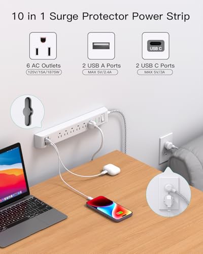 Mifaso 2 Pack Power Strip, 5FT Flat Plug Extension Cord, Surge Protector - size: 5FT, style: Braided Cord & Right Angle Plug