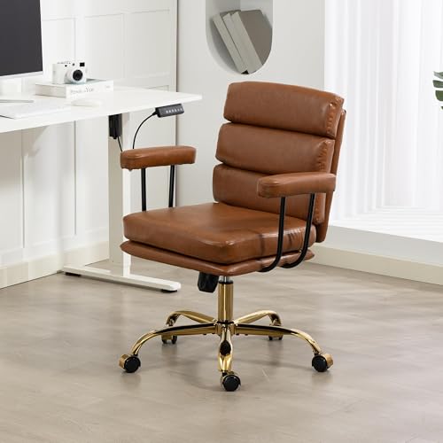 Faux Leather Home Office Desk Chair, Ergonomic Executive Computer Chair with Gold Base, Padded Seat and Armrests, Adjustable Height Swivel Makeup Vanity Chair with Wheels, Brown - color: Brown