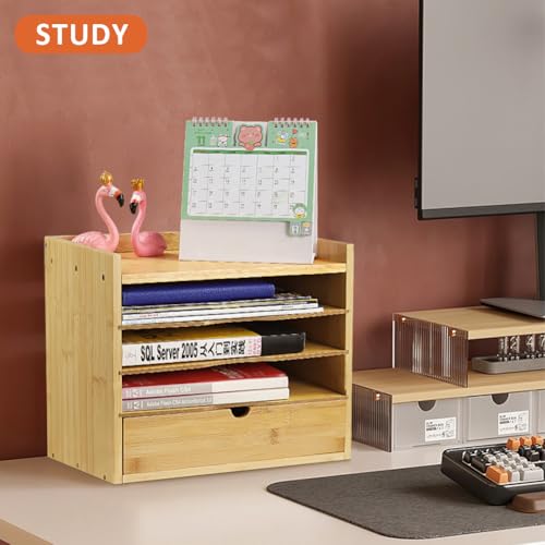 KKTONER 5-Tier Bamboo Desk Organizer with Drawer Tabletop File Organizer Document Holder with Shelf Desktop Cabinet for Home Office School Supplies (Natural)
