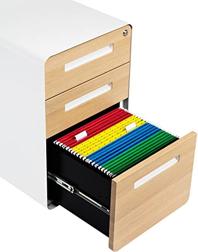 Laura Davidson Furniture Stockpile 3 Drawer File Cabinet with Lock - Under Office Desk Metal Filing Cabinet, Legal/Letter File Folders, Wheels and Stationary Feet, Pre-Assembled, White/Wood - color: White/Wood