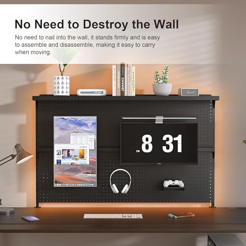 Clamp-On Metal Desk Pegboard with Dual Monitor Stand–No Drilling Needed! 59x35 Inch Steel Privacy Panel with Hooks & Movable Partition, Peg Board Wall Organizer for Gaming & Office - color: Black