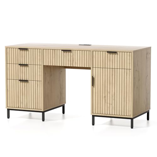 55" Fluted Executive Desk, Modern Home Office Desk with Charging Station, Keyboard Tray, File Drawer, Storage Cabinet for Work Study Writing Desk, Light Oak - color: Light Oak