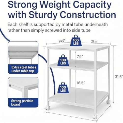 31.5" Heavy Duty Large Printer Stand with Adjustable Storage Shelf, White - color: White, size: 3-Tier