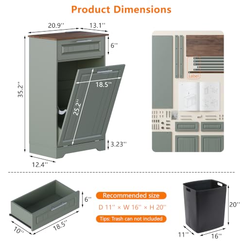 Single 10 Gallon Tilt Out Trash Can Cabinet with Deodorizing Function, Wooden Hidden Garbage Can Holder with Storage Drawers for Kitchen and Dining Room, Laundry Hamper Cabinet for Bathroom, Green - color: Green, size: 13.11"D x 20.91"W x 35.2"H(Single)