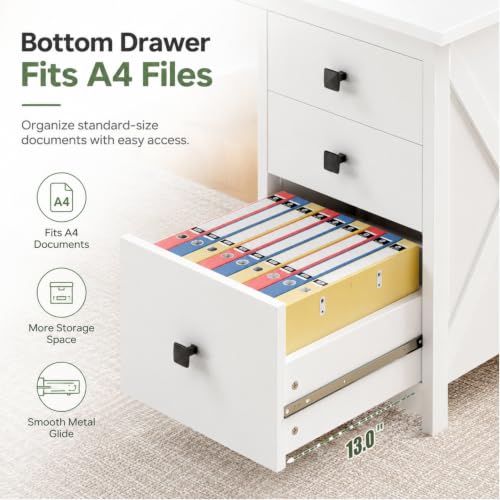 JSB 47.2 Inch White Computer Desk with 3 Drawers for Home Office Bedroom - color: White, size: 47.2in