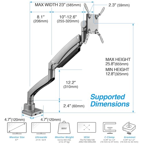 AVLT Single 17"-57" Super Ultrawide Monitor Arm - Gray | Screens Up to 59.5 lbs Premium Aluminum Desk Stand Adjustable Pneumatic Height Full Motion Swivel Tilt Rotation USB-C&A Ports - color: Gray-17 to 57 Inch