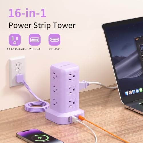 Extension Cord with Multiple Outlets, SMALLRT Power Strip Tower, Outlet Extender with 12 AC Outlets 4 USB, 6.5FT Extension Cord for Home Dorm Room, Office Supplies, Purple - color: Purple, size: 6.5 Ft without wireless charging