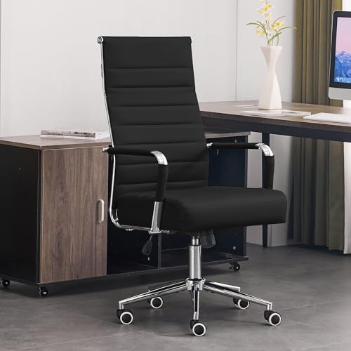 JOMEED Office Desk Chair,Conference Room Chair,High Back PU Leather Swivel | Modern Executive Ribbed Design, Ergonomic, Height Adjustable, Wheels and Arms, for Home Office(Black-Silver Frame) - color: Black-sliver Frame