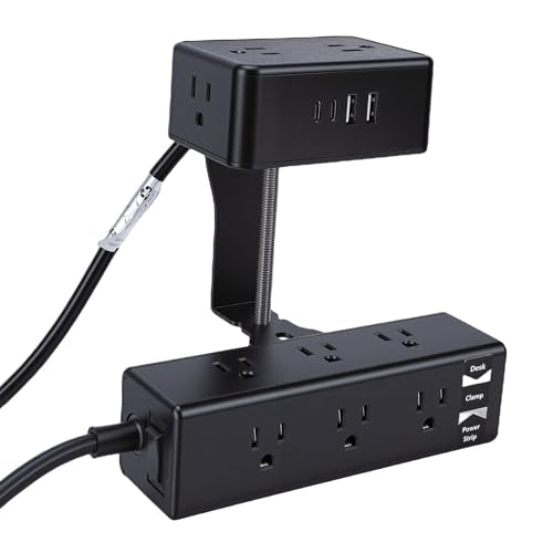 Desk Clamp Power Strip, Fire Retardant ABS with 13 AC Outlets and 4 USB Ports, Extra Long Cord for Home Office Desk (US Plug)