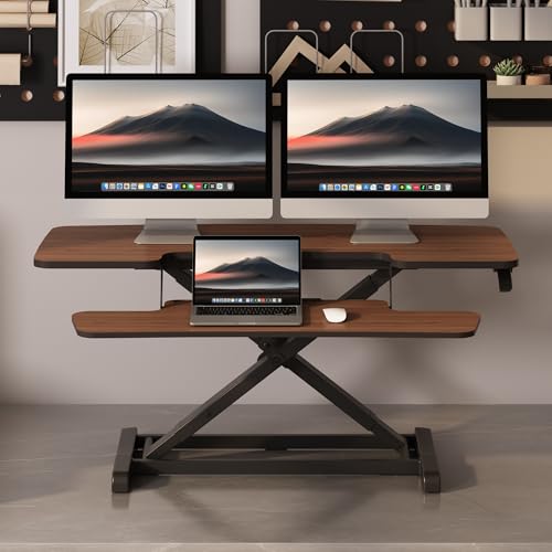 FLEXISPOT Standing Desk Converter 42" Premium Large Desk Riser for Triple Monitor, Spacious Desktop Sit Stand Workstation with Ergonomic Height Adjustment, Modern Stand Up Desk Riser, Walnut - color: Walnut, size: 42"