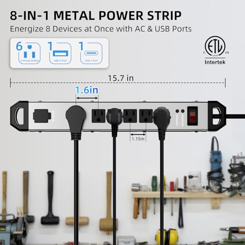 Heavy Duty Metal Power Strip Surge Protector 2100J, 6 Outlets & 2 USB, 15A Circuit Breaker, 6ft Power Cord, 360° Rotating Flat Plug, Wall Mountable for Garage Workshop Industrial, ETL Listed, Silver - color: silver