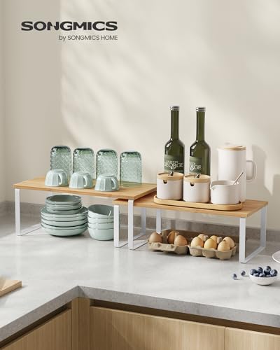 SONGMICS Cabinet Organizer Shelf, Set of 2 Spice Rack, Kitchen Storage | Kitchen Counter Storage Spice Rack, Steel, Bamboo, Light Bamboo and Matte White, BYSTRO Collection UKCS200W01 - color: Cloud White + Natural Beige, size: 15.6"w