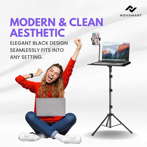 Laptop Tripod Stand – Adjustable Laptop Holder with Phone Mount | Heavy- Duty Alloy Tripod Stand with Tray | Height Adjustable 0.65–1.6m | Portable, Foldable, 15kg Load Capacity | Black