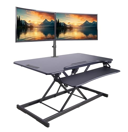 Rocelco 46" Electric Standing Desk Converter with AC Outlet USB Charger and Dual Monitor Arm Mount - Motorized Adjustable Sit Stand Riser - Tabletop Workstation Keyboard Tray - Black (R EDRB-46-DM2) - color: Black, size: 46", style: Riser + Dual Mount