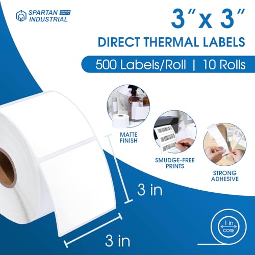 3" X 3" Square Direct Thermal Labels (5000 Count, 10 Roll) - size: 3" X 3"