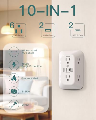 Addtam 6-Outlet Extender Surge Protector, Multi Plug Wall Outlet with 4 USB Wall Charger(PD 30W), Plug Extension Outlet with 1800J, Outlet Splitter Power Strip for Home Office, White - color: White 1PCS, size: PD 30W