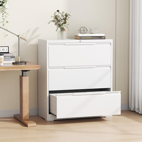 3 Drawer Metal Lateral File Cabinet with Lock for Home Office | 35.5 Inch Ultra Spacious Tabletop,330 LBS Max Weight Capacity,Fits Letter/Legal/F4/A4 Size,Fast Easy Assemble,White - color: White, size: 15.7"D x 35.4"W x 40"H(3 Drawers)