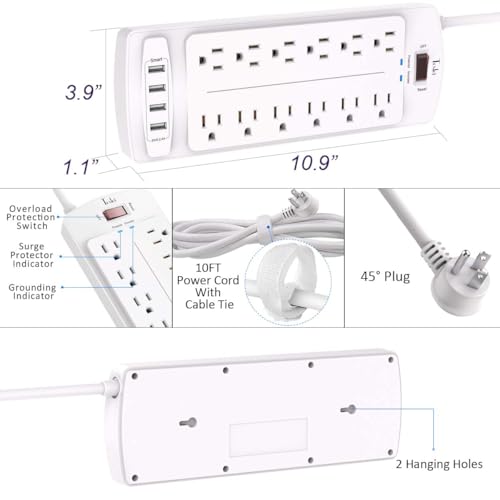 Power Strip, Tcstei Surge Protector with 12 Outlets and 4 USB Ports, 10 Feet Extension Cord for Home, Office, Dorm Essentials, 2700 Joules, White