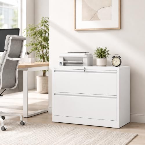 2 Drawer Lateral File Cabinet with Lock, 35.4" W File Cabinet - color: White, size: 35.4"W - 2 Drawer